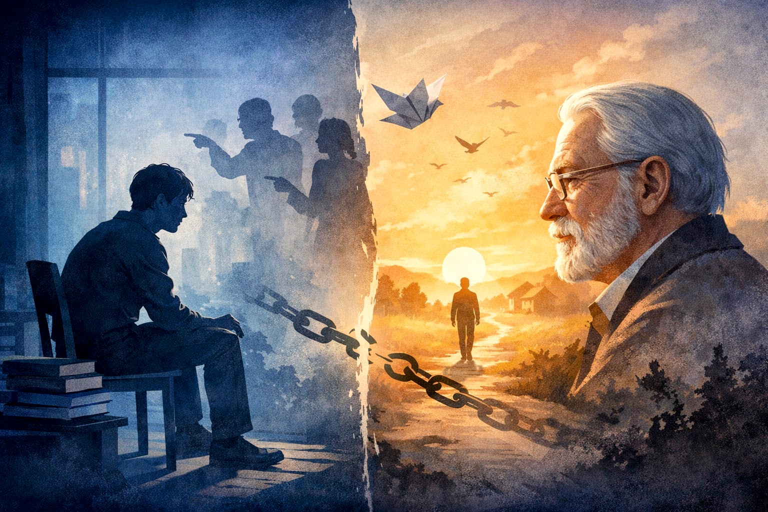 Split-screen illustration showing a hunched young man in a cool blue room with shadowy figures pointing behind him, a broken chain across the center, and—on the warm golden side—an elderly philosopher’s profile above a sunlit path where a lone figure walks forward beneath birds and an origami crane, symbolizing freedom from approval-seeking (featured image for The Courage to Be Disliked).
