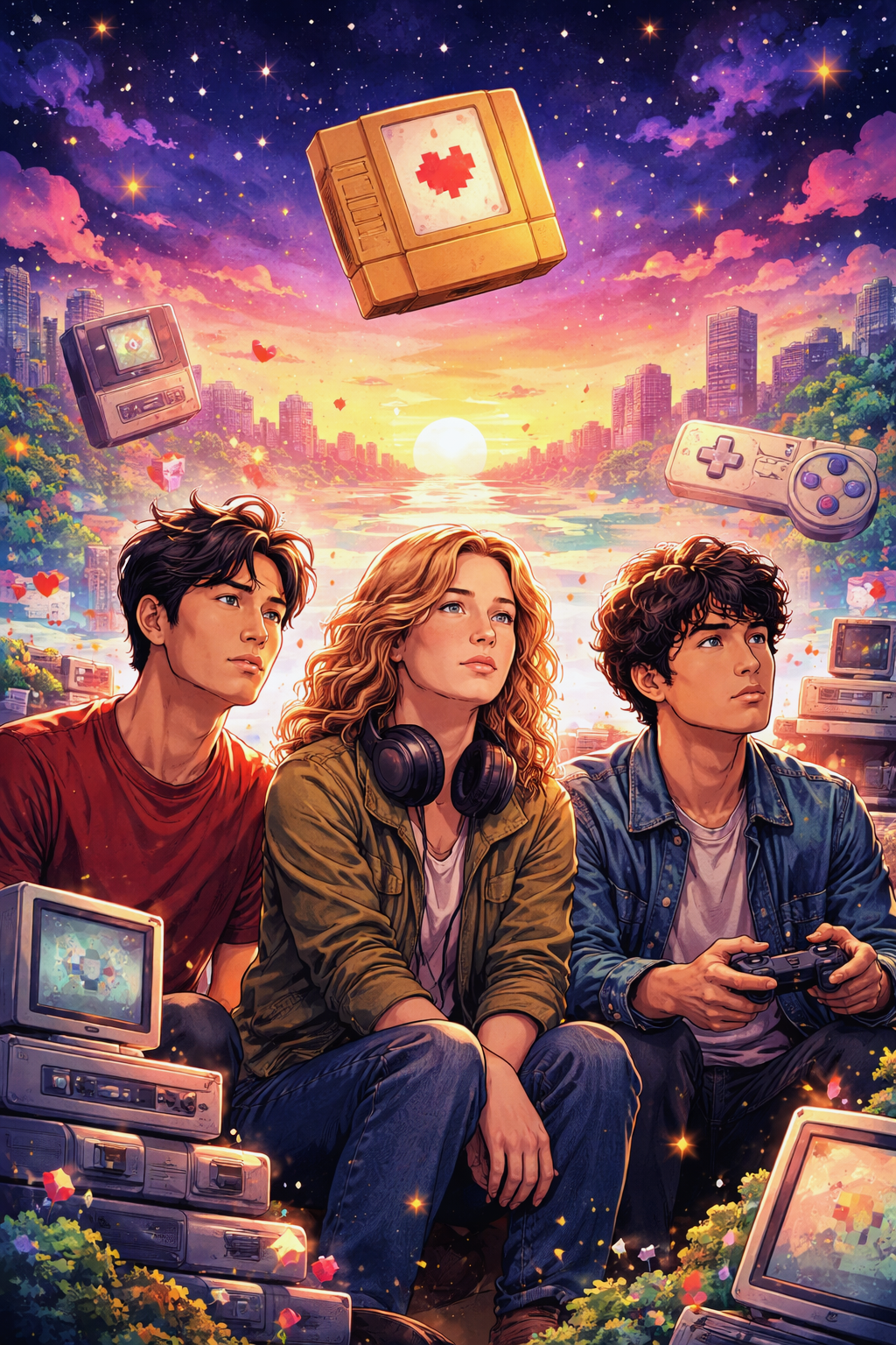 Three friends sit with retro game consoles at a glowing sunset, a pixel-heart game cartridge floating above a city—Tomorrow, and Tomorrow, and Tomorrow by Gabrielle Zevin.