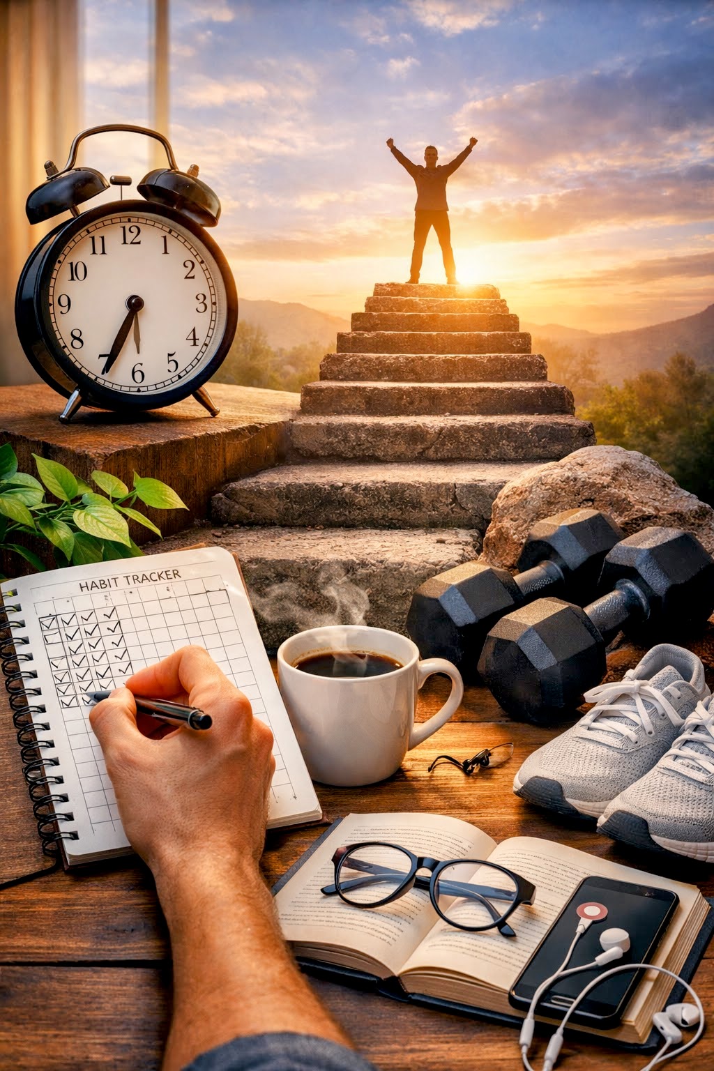 Sunlit stone steps leading upward, with a habit tracker being checked off beside coffee, dumbbells, running shoes, a book, and a phone—symbolizing The Road to Better Habits by Darius Foroux.