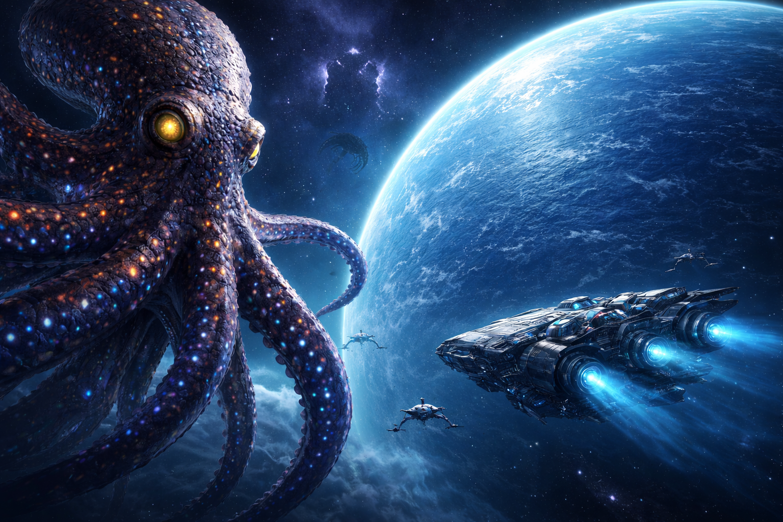 Bioluminescent alien octopus and advanced spacecraft orbiting a vast blue ocean planet, inspired by the science fiction novel Children of Ruin by Adrian Tchaikovsky.