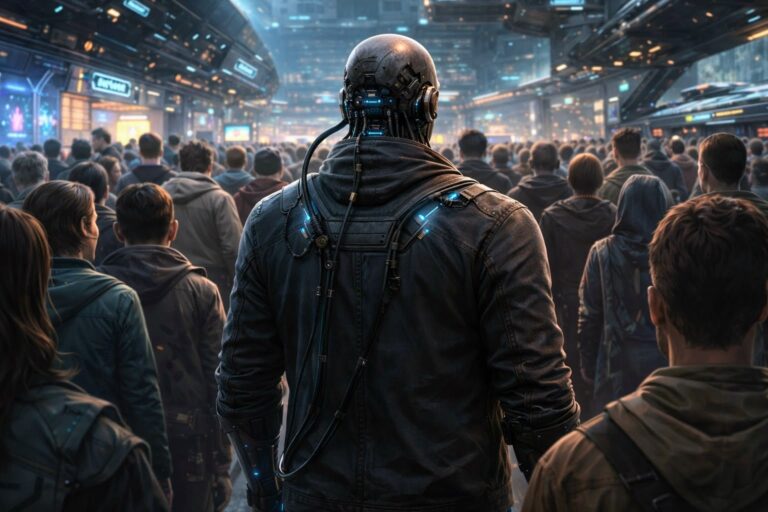 Tall augmented security construct seen from behind in a crowded space station concourse, subtle blue cybernetic implants glowing under a dark jacket.