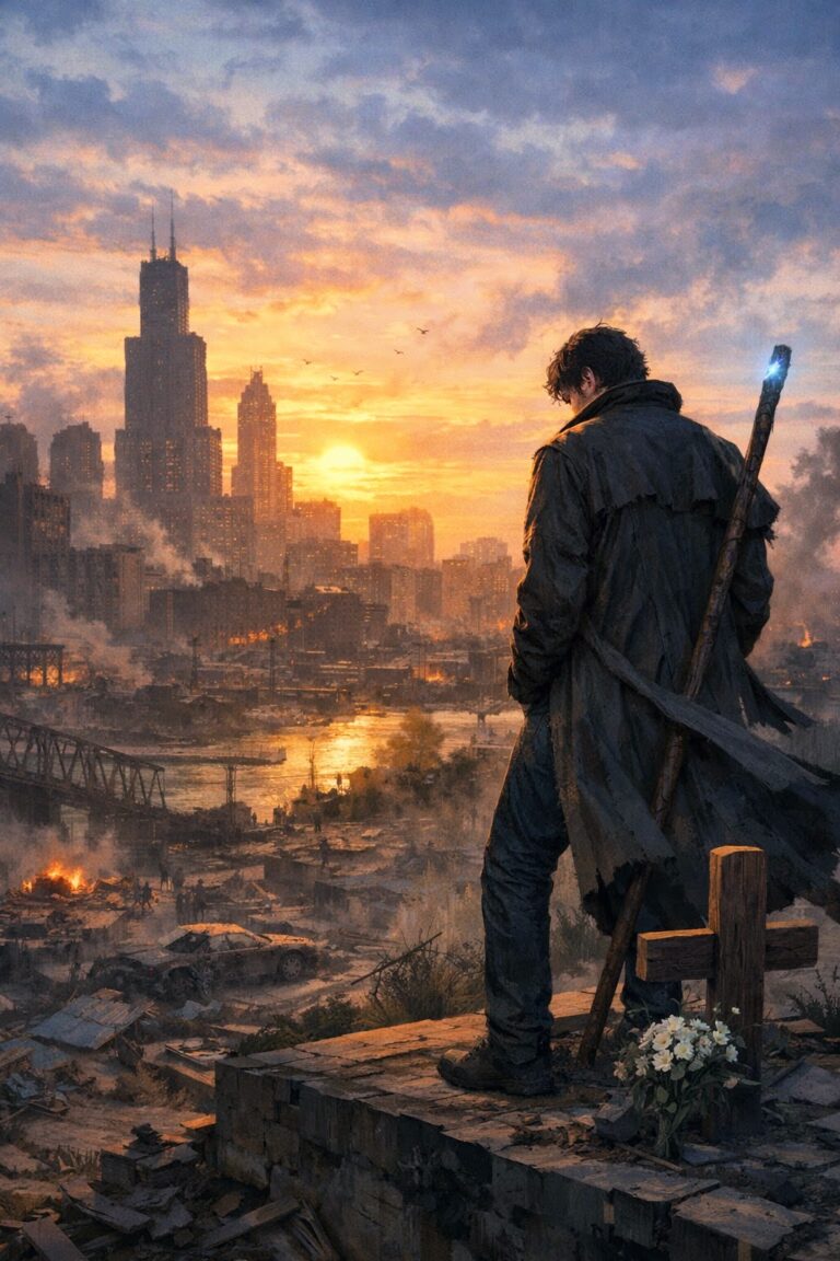 A weary wizard in a long coat stands on a ruined rooftop at sunset, holding a faintly glowing staff as he looks over a battered Chicago skyline; a small memorial cross and white flowers sit nearby.