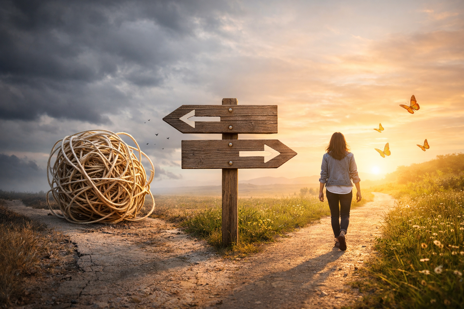 Conceptual split-scene landscape with a wooden signpost between storm clouds and sunshine; a giant tangled ball of rope sits on the dark path while a person walks toward a bright, calm horizon with butterflies, symbolizing releasing control and choosing intentional action.