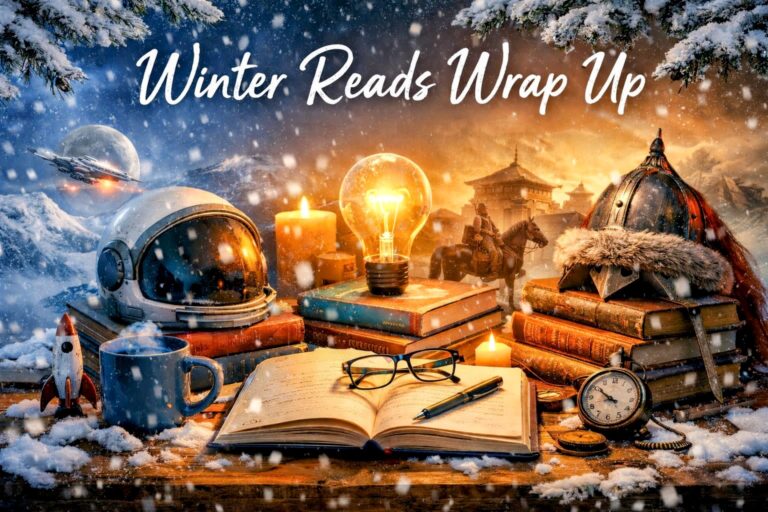 A cozy winter reading scene featuring an open book on a wooden table surrounded by stacked books, a glowing lightbulb, candles, and themed elements from science fiction, self-improvement, and historical fiction, with snow falling in the background.