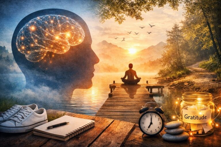 Featured image for The 5 Resets book review by Aditi Nerurkar showing a glowing brain, meditation at sunrise, a journal, walking shoes, a clock, and a gratitude jar to symbolize stress relief and resilience.