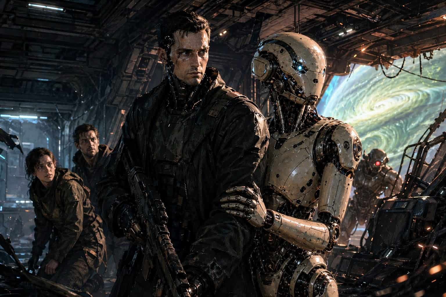 Rogue Protocol featured image showing a rogue security android and companion robot inside a damaged space station with a swirling green and blue gas giant outside