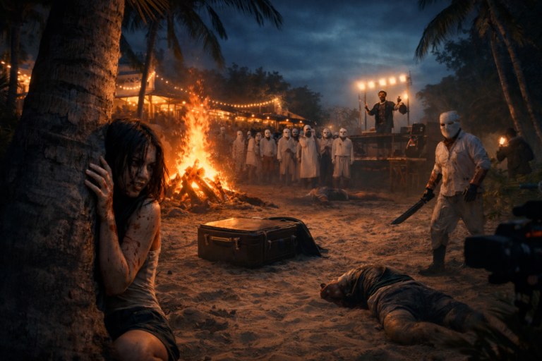 A terrified woman hides behind a palm tree on a tropical beach at night while masked figures gather near a bonfire and a charismatic host stands on a lit stage in the background.