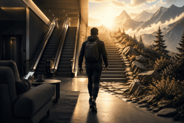 Featured image for Embrace Discomfort by Michael Easter showing a man leaving a comfortable indoor space with a couch, phone, and escalator behind as he walks toward stairs, sunlight, and a rugged mountain path.