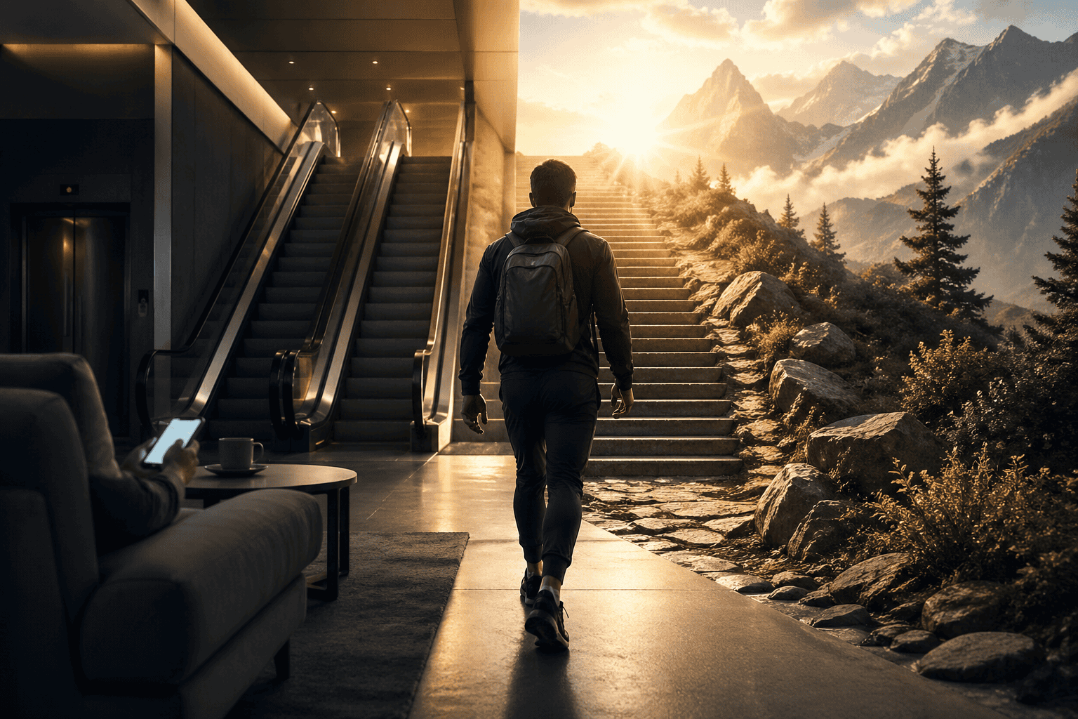 Featured image for Embrace Discomfort by Michael Easter showing a man leaving a comfortable indoor space with a couch, phone, and escalator behind as he walks toward stairs, sunlight, and a rugged mountain path.