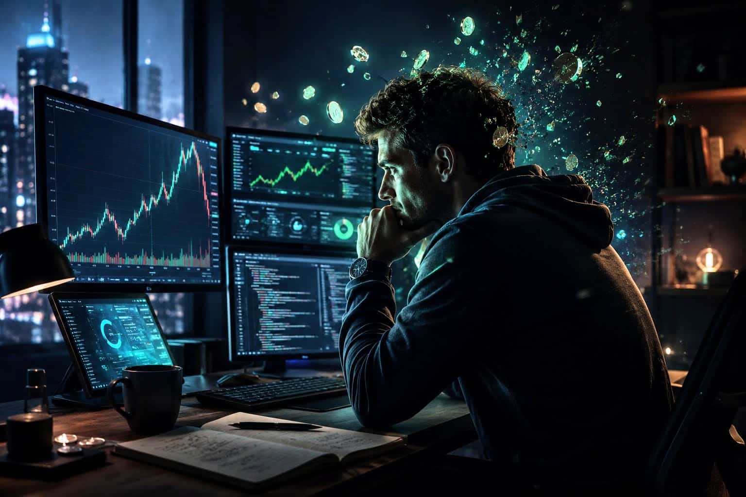 A tense late-night crypto trader studies volatile market charts and code on multiple monitors as glowing digital coins dissolve around him in a dark home office.