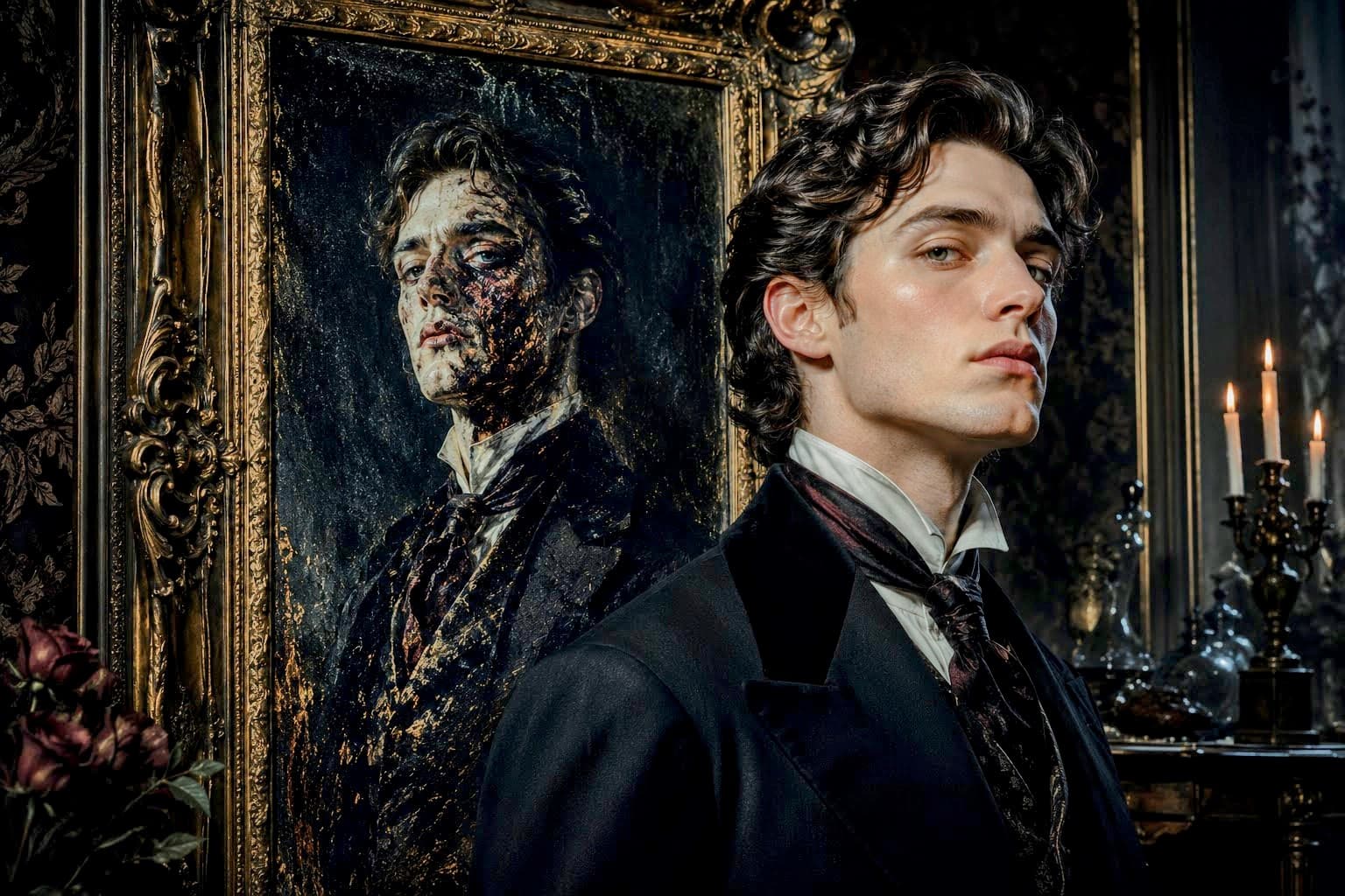 A young Victorian man stands beside a decaying portrait of himself in a dark gothic room, capturing the eerie supernatural horror of The Picture of Dorian Gray by Oscar Wilde.