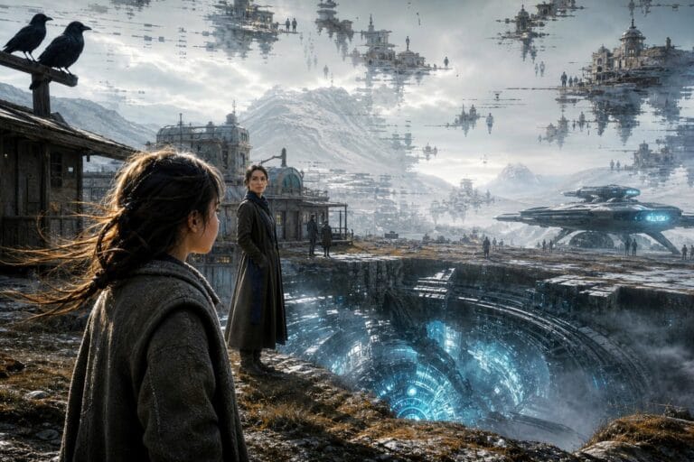A young girl and a mysterious teacher stand near a fractured colony on an alien world, with ravens overhead, a starship nearby, and a glowing buried machine beneath the landscape.