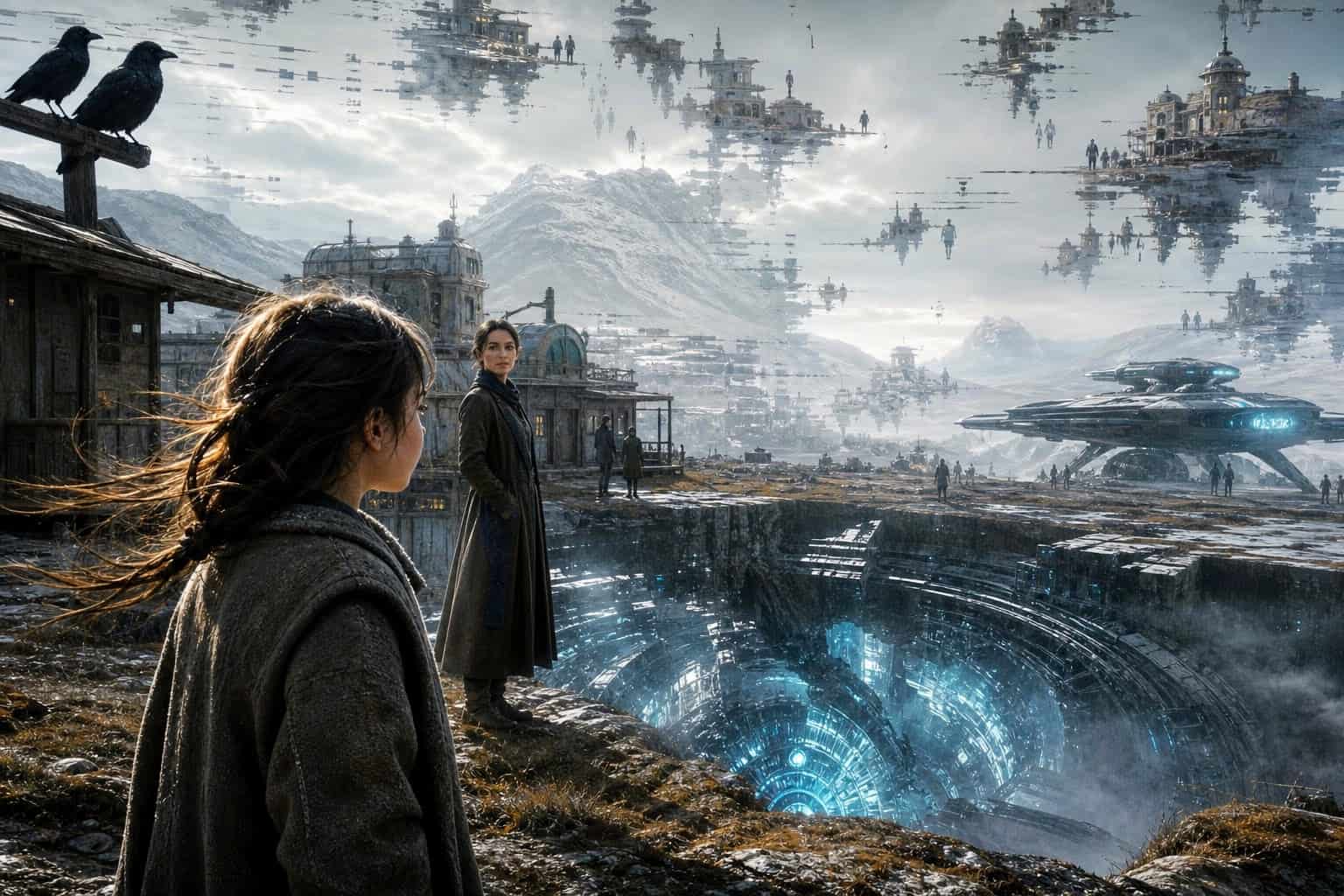 A young girl and a mysterious teacher stand near a fractured colony on an alien world, with ravens overhead, a starship nearby, and a glowing buried machine beneath the landscape.
