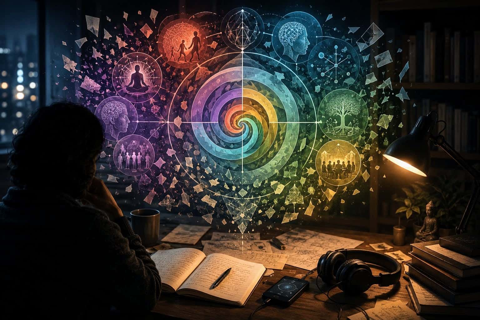 Abstract philosophy book review image showing a reader at a night study desk with headphones, notes, and a glowing spiral diagram representing Ken Wilber’s integral theory and fragmented ideas coming together.