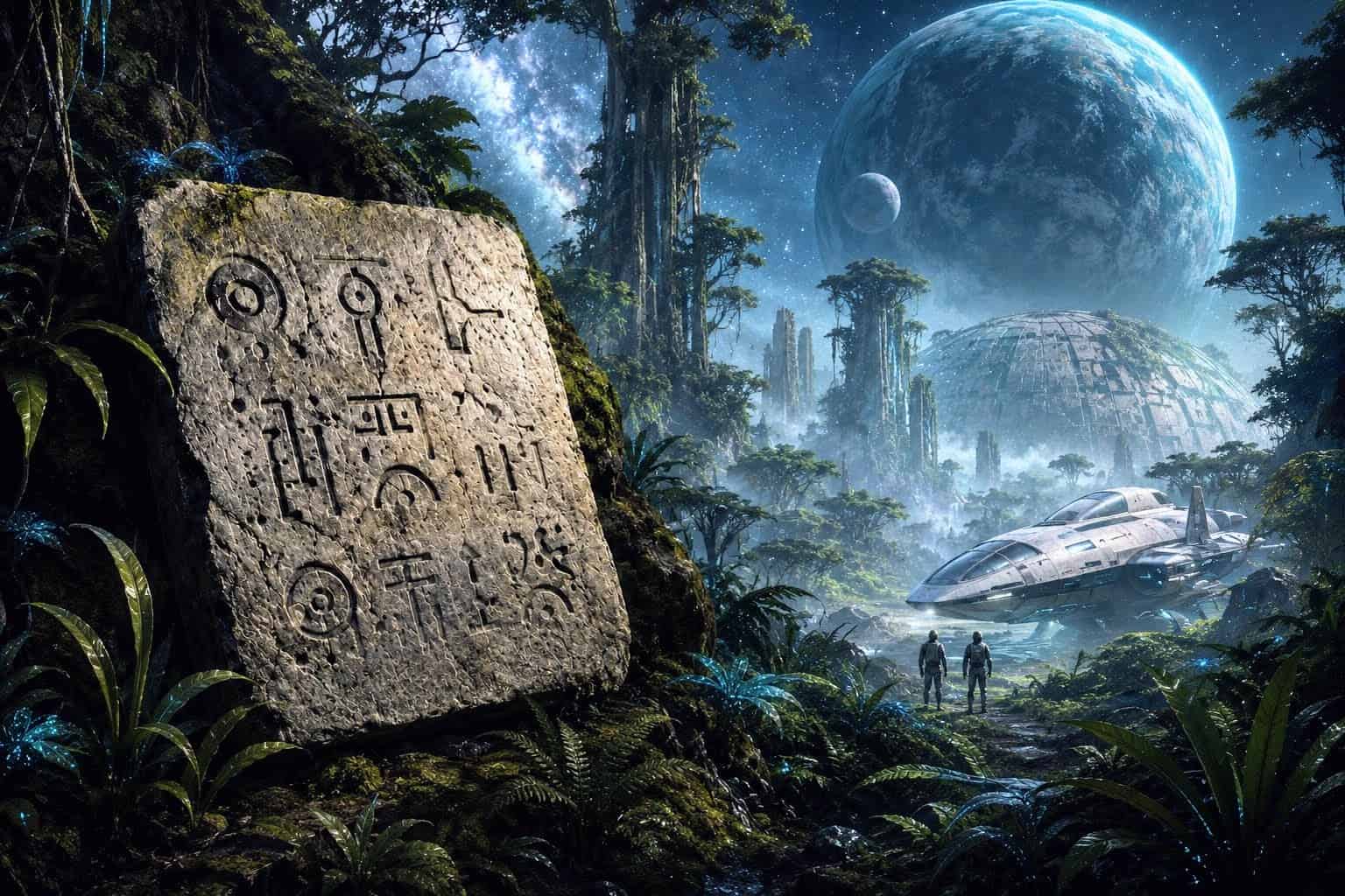 Stone tablet with mysterious alien markings in a lush jungle on an alien planet, with a spacecraft, distant ruins, and a massive moonlit world in the sky, inspired by Echo by Jack McDevitt.