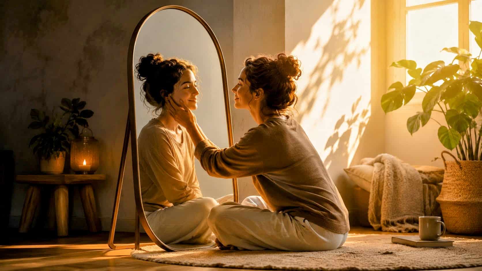 Woman gently touches her own reflection in a warm sunlit mirror, symbolizing self-love, self-compassion, and becoming your own best friend.