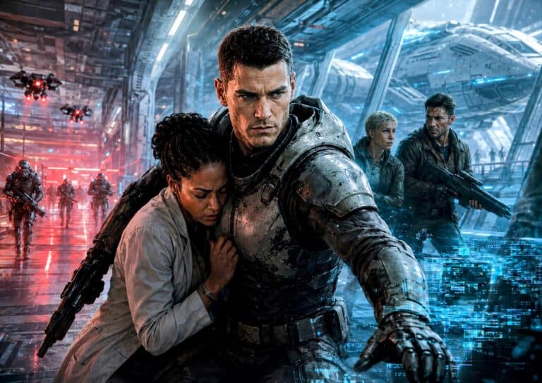 A rogue SecUnit without a helmet protects Dr. Mensah inside a futuristic transit station while corporate security forces close in behind them.