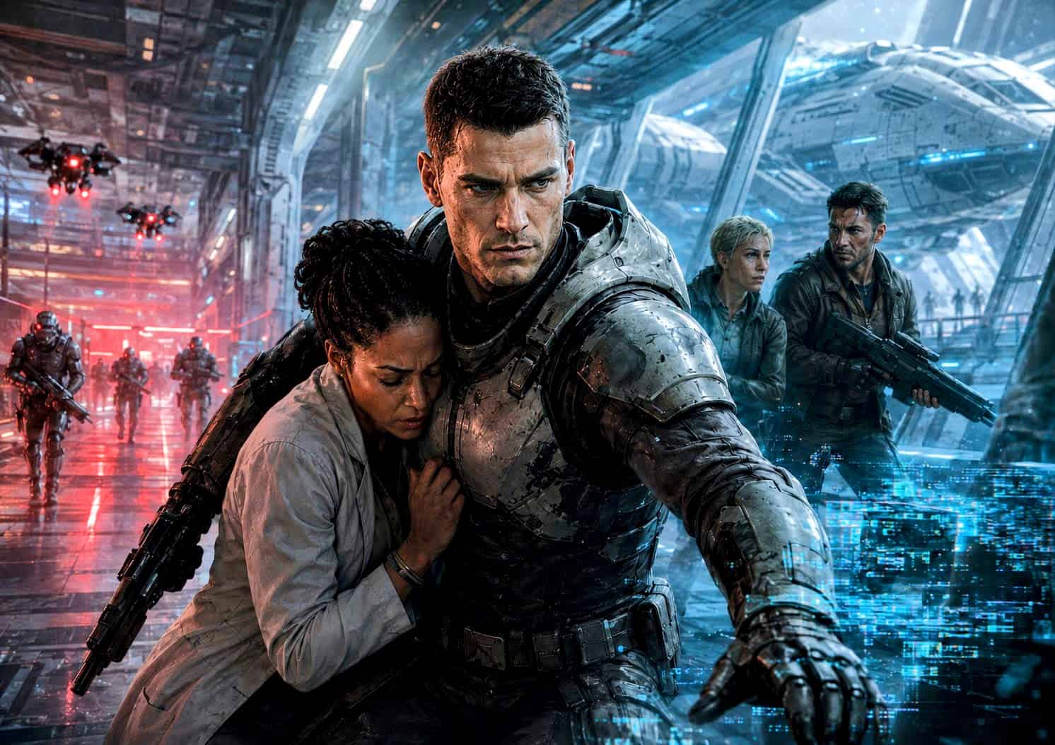 A rogue SecUnit without a helmet protects Dr. Mensah inside a futuristic transit station while corporate security forces close in behind them.