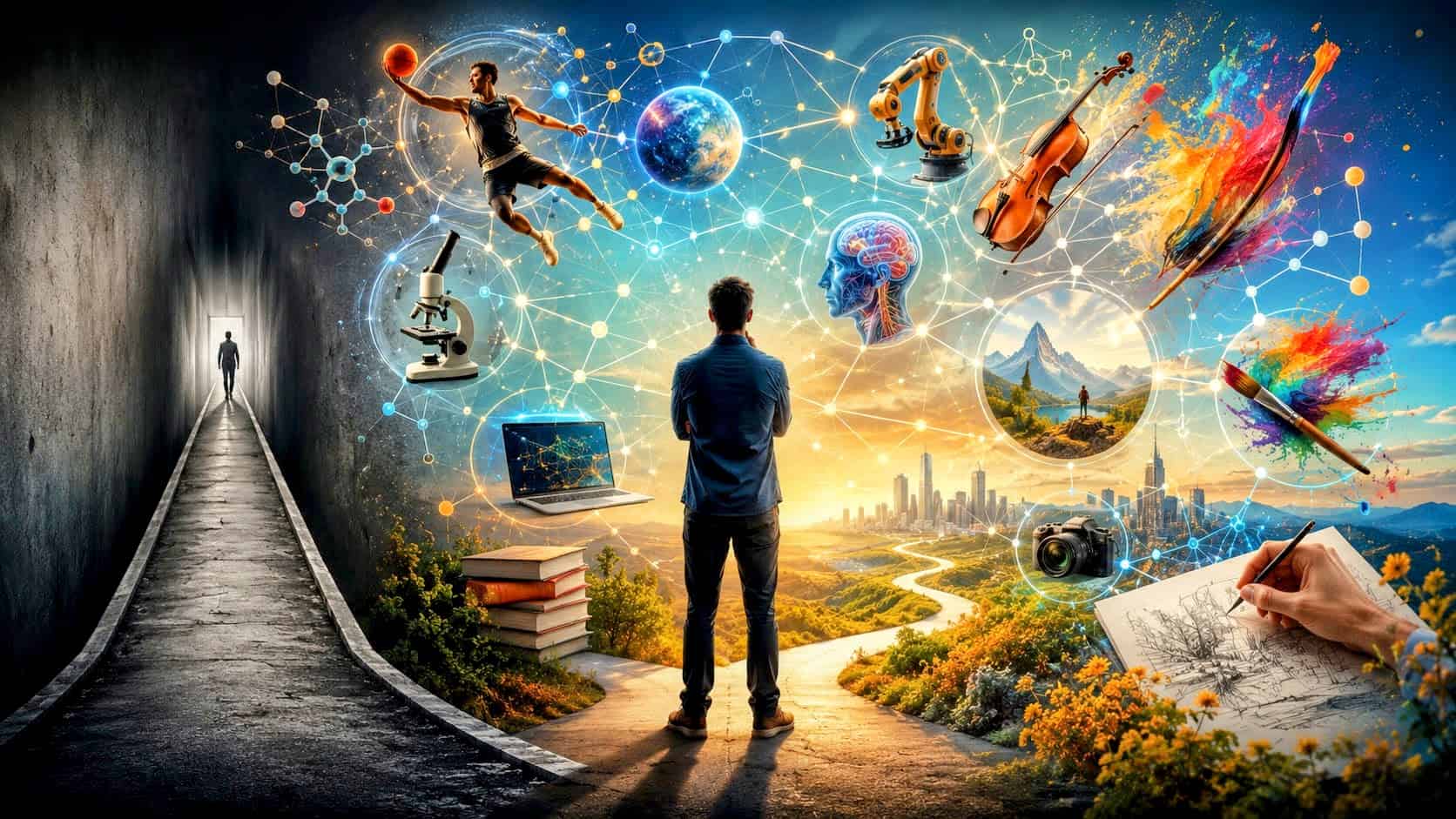 A person stands at a crossroads between a narrow dark tunnel and a bright network of interconnected ideas, symbolizing the power of generalists, exploration, and cross-disciplinary thinking.
