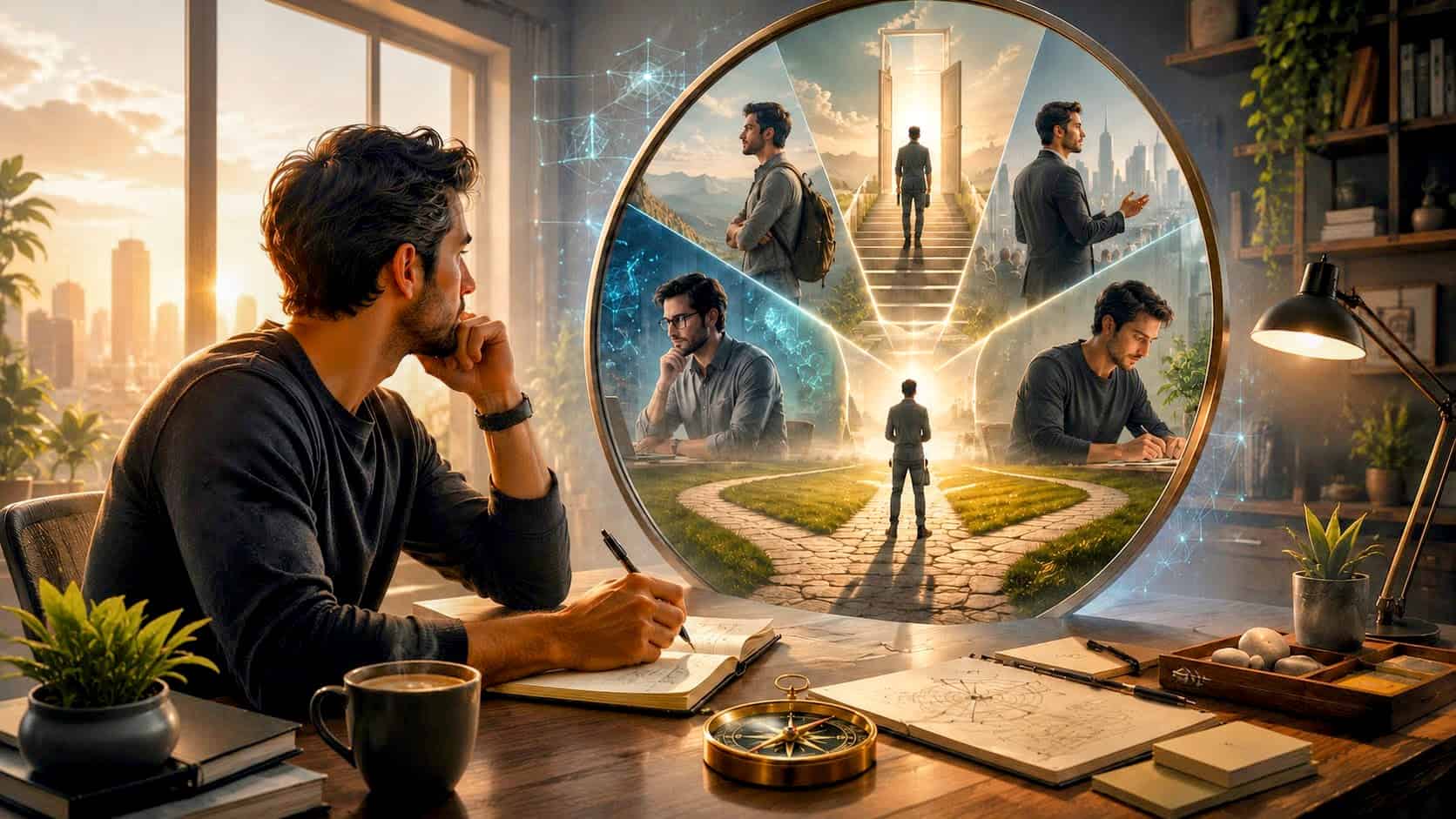 A thoughtful professional writes in a notebook while looking toward a circular vision of multiple career paths, symbolizing self-reflection, personal strengths, values, and professional growth.