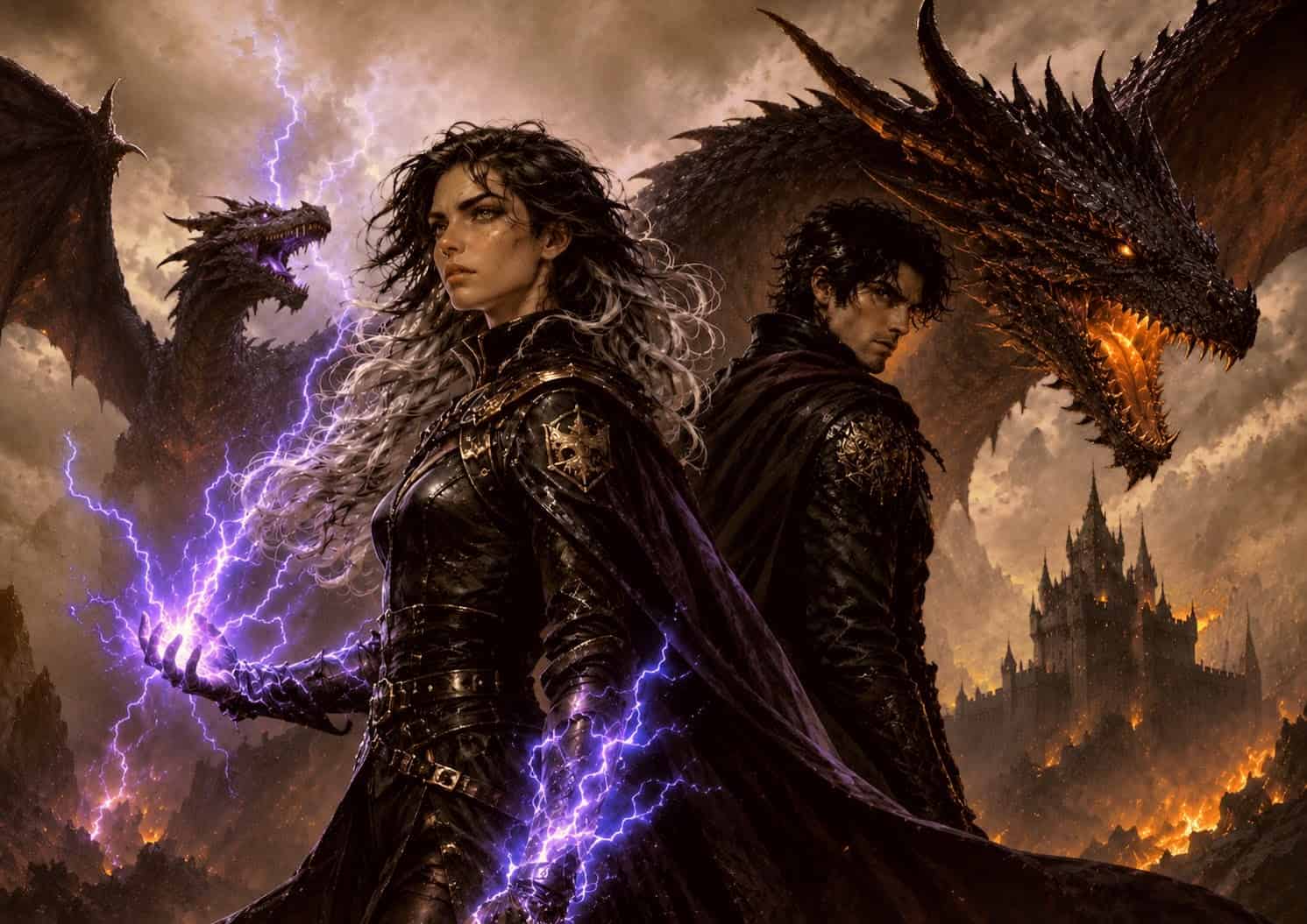Violet wielding purple lightning beside Xaden as two black dragons loom over a burning fortress beneath a stormy sky.