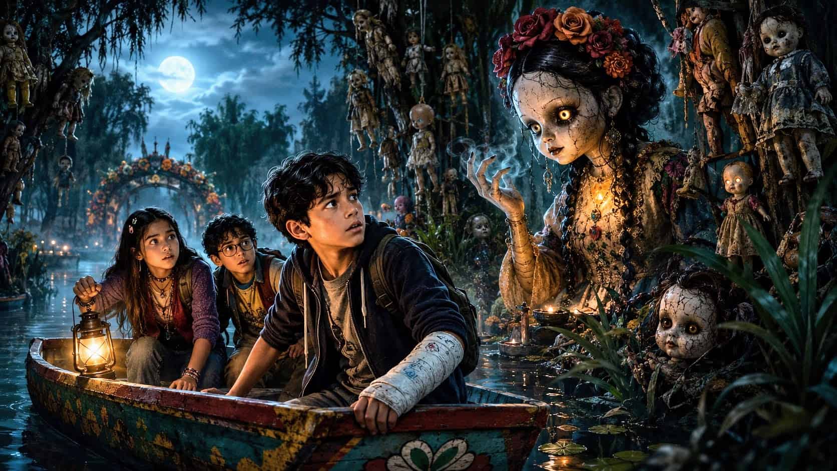 Three frightened children explore a moonlit canal filled with hanging dolls as a sinister glowing-eyed Wish Doll looms beside their boat.