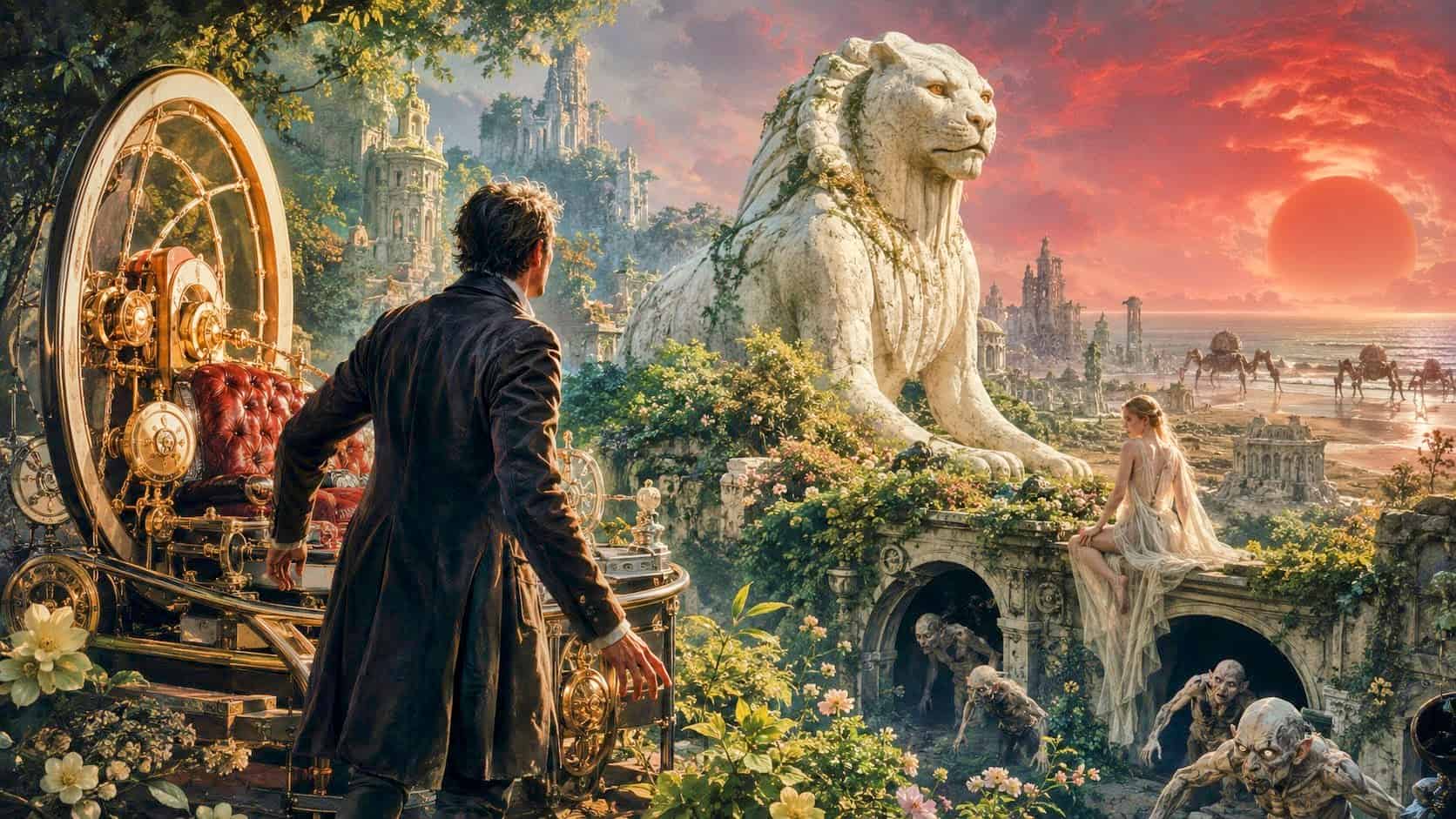 A Victorian Time Traveller stands beside an ornate brass time machine overlooking the White Sphinx, Eloi ruins, shadowy Morlocks, and a distant red sun in H. G. Wells’ future Earth.