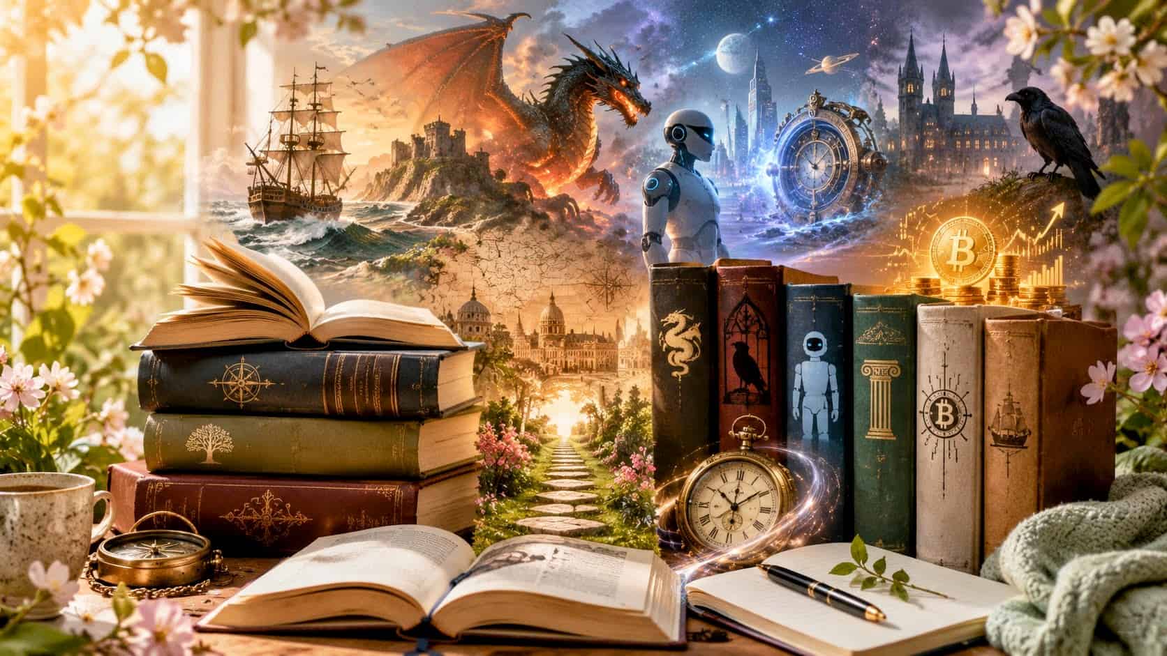 A spring reading wrap-up scene with stacked books, flowers, a sailing ship, dragon, robot, pocket watch, gothic castle, and crypto coin symbolizing fantasy, history, science fiction, self-help, and nonfiction reads.
