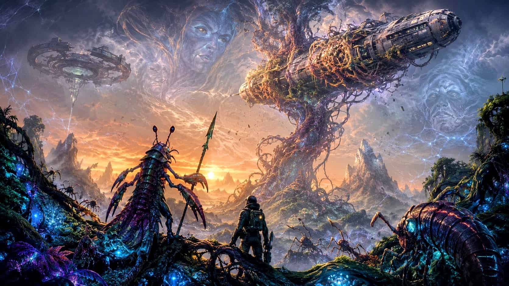 Alien planet with an uplifted mantis shrimp warrior and human explorer facing a living beanstalk consuming a spacecraft beneath ghostly digital faces.