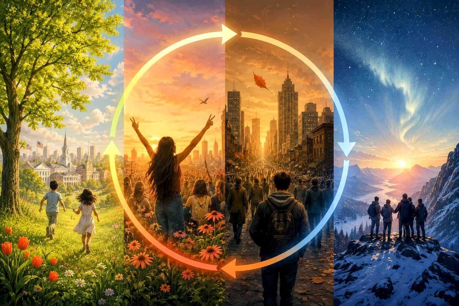 Four seasonal scenes representing the High, Awakening, Unraveling, and Crisis in The Fourth Turning, connected by a circular cycle of generational change.