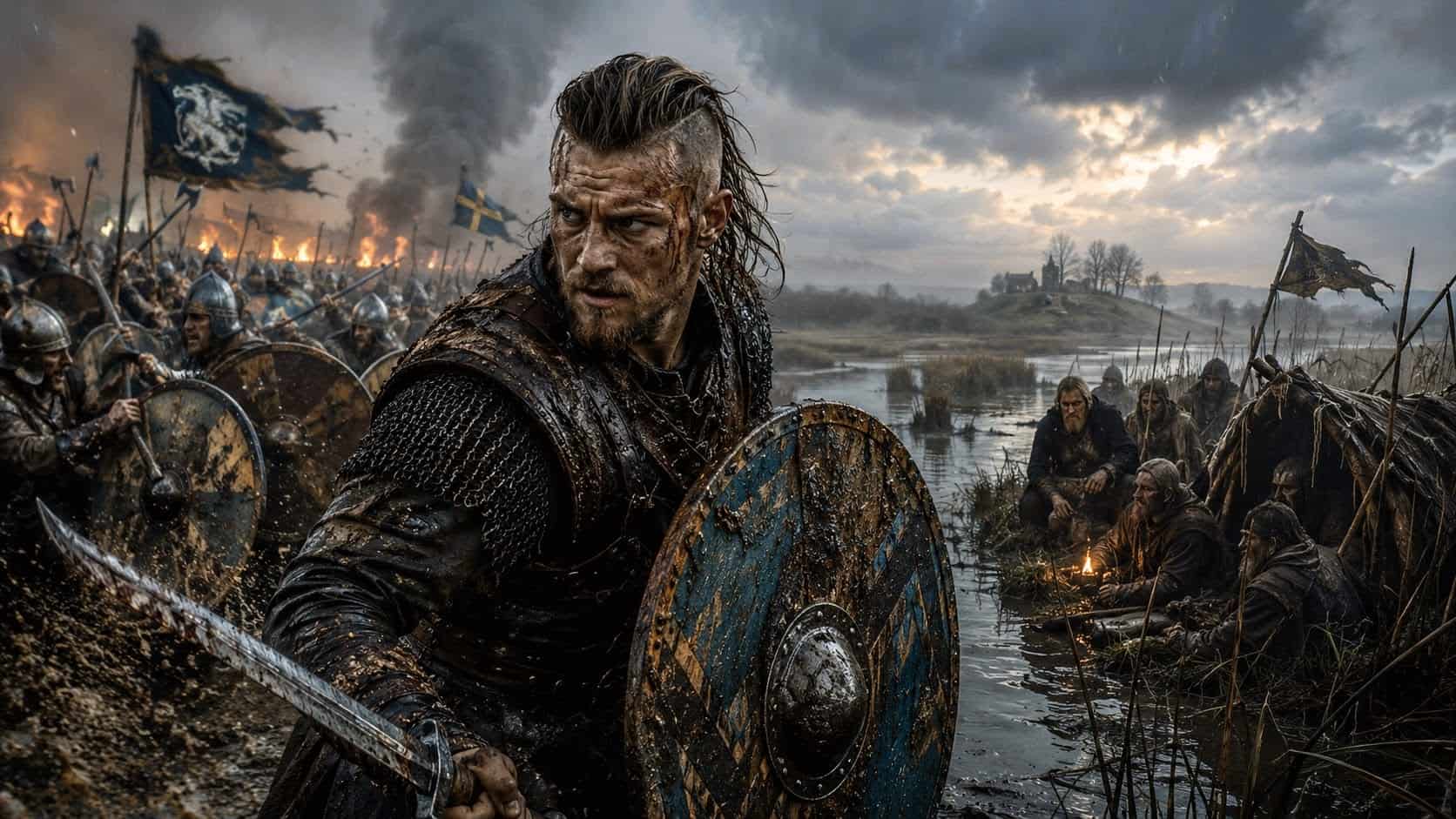 Uhtred-like Saxon warrior with sword and shield standing between a brutal shield-wall battle and Alfred’s marsh refuge in 9th-century Wessex.