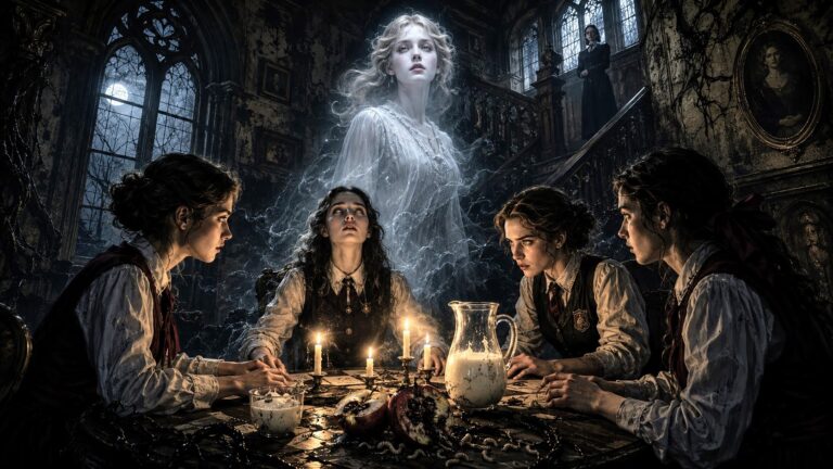 Four boarding-school girls conduct a candlelit séance as a ghost appears above them, surrounded by curdled milk, rotting fruit, and creeping black decay.