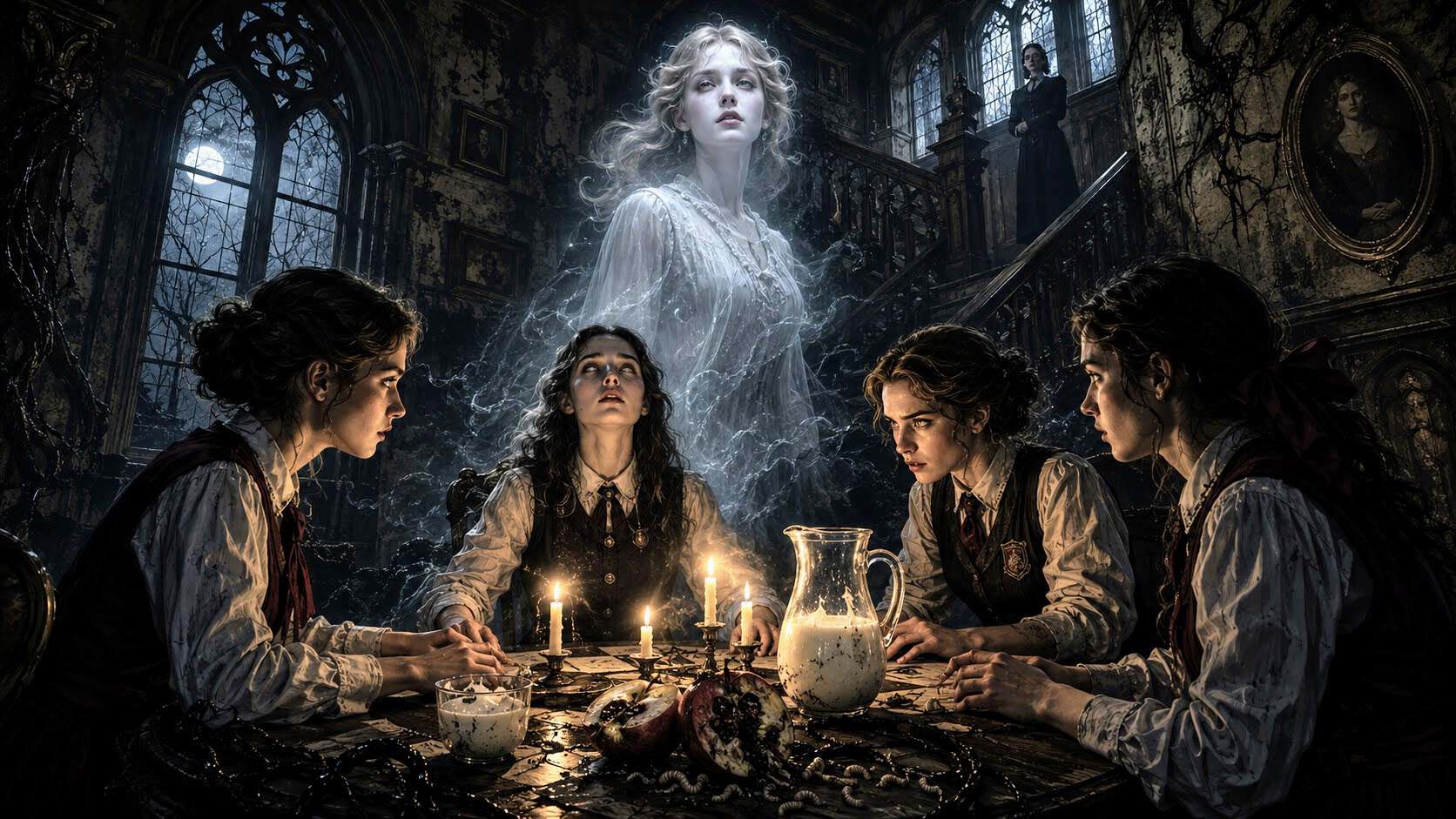 Four boarding-school girls conduct a candlelit séance as a ghost appears above them, surrounded by curdled milk, rotting fruit, and creeping black decay.